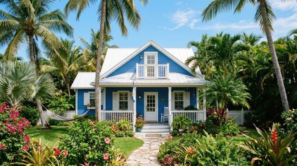 Fototapeta premium A charming blue house sits nestled amongst lush tropical vegetation. Palm trees surround the house, creating a serene and idyllic setting.