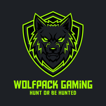 Wolfpack Gaming Logo with Fierce Wolf Head and Shield.