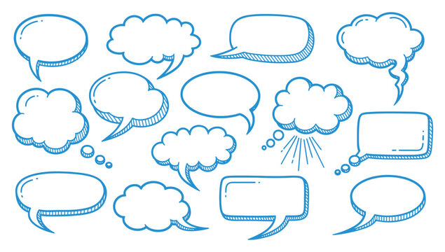 Set of hand drawn blue speech bubbles and thought clouds