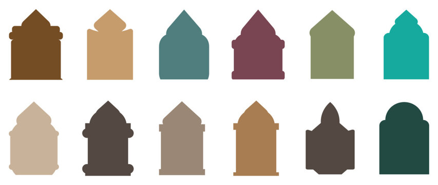 Islamic arch window silhouette collection with traditional oriental door or window shapes.  Muslim architecture geometric design elements, moroccan minimal arcs. Ramadan kareem gate
