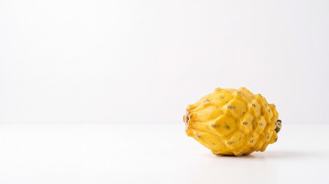 Single whole yellow soursop fruit with textured bumpy skin resting on a white surface against a bright clean background, exotic tropical fruit macro shot.