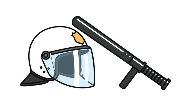 Riot police safety helmet with a clear visor and a black tactical baton shown in a colorful vector illustration.