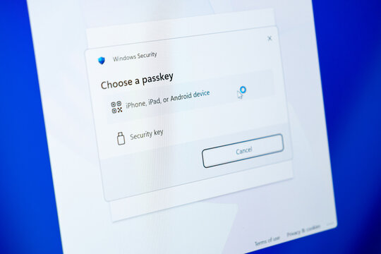 Poznan, Poland - February 15, 2026: Microsoft Windows Security dialog box prompting to choose a passkey for digital authentication, illustrating modern account protection methods