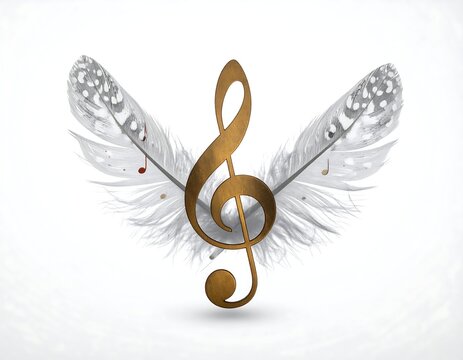 A golden treble clef with white feathered wings on a white background