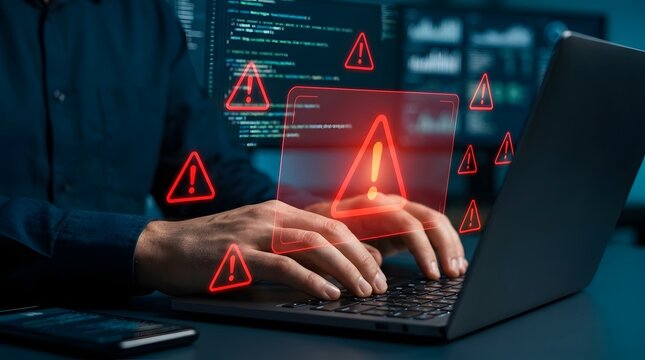 Cybersecurity system error alert notification glowing red warning triangles over laptop computer keyboard representing malware hacking threat