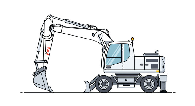 White heavy construction excavator vehicle with a hydraulic bucket shown in a detailed vector illustration style.