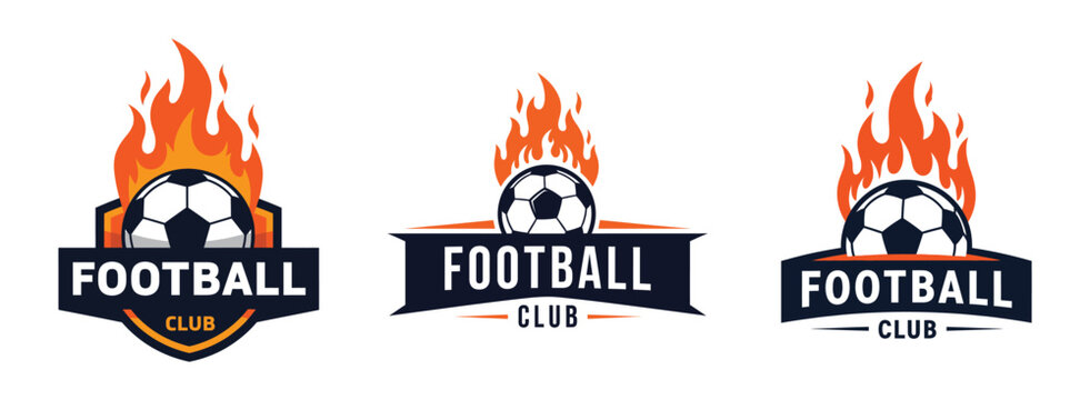 Set of three flaming soccer football club logos with fire symbols and sport crests