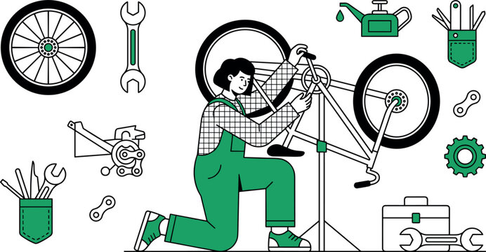Bicycle Repair Shop and Bike Maintenance Mechanic Vector Line Art Set with Woman Adjusting Chain Mechanics Tools Wheel and Lubricant Assets