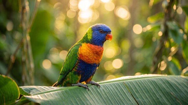A colorful rainbow lorikeet perched on a large green tropical leaf in a sunlit lush forest background with soft bokeh lighting during golden hour