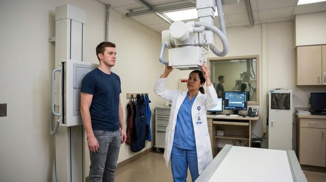A radiologic technician assists a young man during an X-ray procedure. The technician, wearing a white coat and scrubs, directs the patient to stand in front of an X-ray machine.