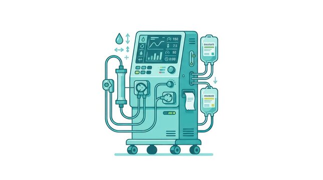 Automated dialysis machine with fluid bags for kidney treatment and digital sensor monitor.