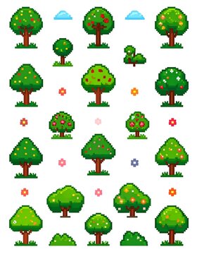 A pixel art illustration of various tree sprites with different shapes, sizes, and foliage