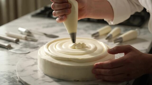 Pastry chef hands decorating a smooth white cake with a piping bag motion footage showing delicate swirl techniques on a marble countertop in a bright professional kitchen for dessert video