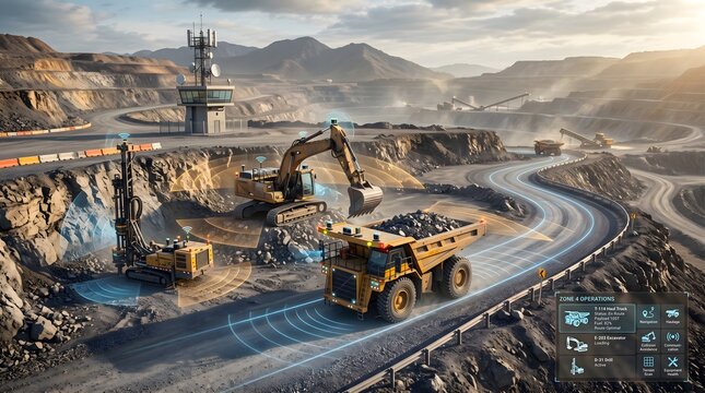 Autonomous mining equipment with digital connectivity in open pit mine