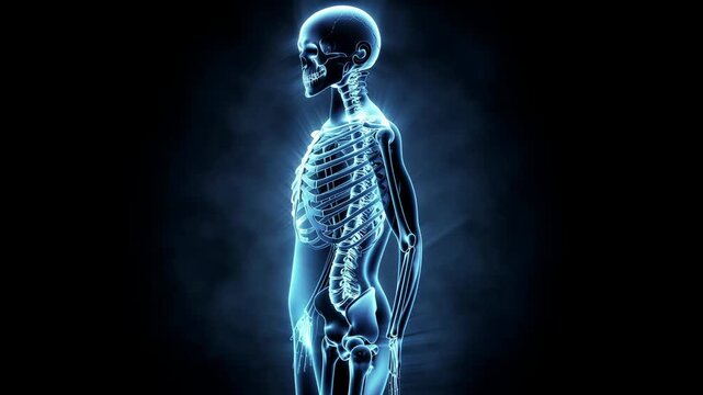 Detailed glowing human skeleton anatomy with spine ribs and skull in blue light medical concept