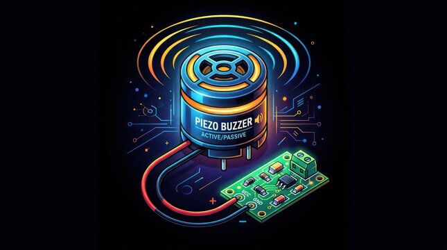 Piezo buzzer electronic component shown with connection wires and small breadboard circuit.