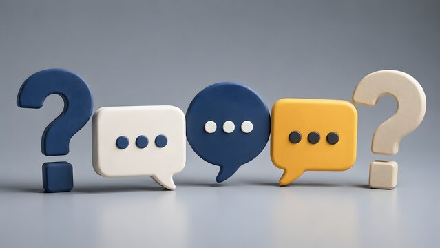Customer support communication concept features 3D speech bubbles and question marks representing online feedback dialogue and frequently asked questions