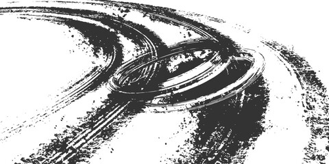 Intersecting circular grunge tire tracks skid marks and dirty overlapping curves texture abstract vector illustration. © Artful