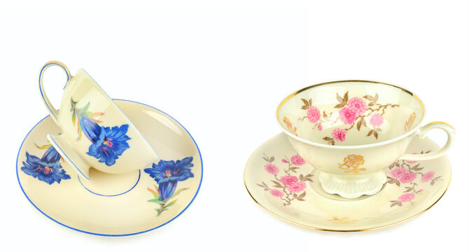Vintage Porcelain Teacups and Saucers with Floral Ornaments Isolated on White