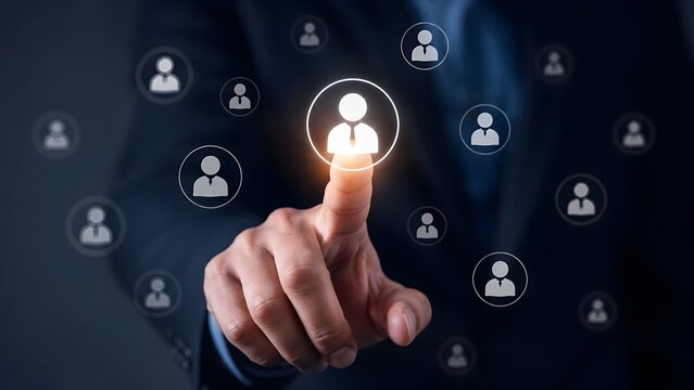 Human resources recruitment strategy selects a glowing digital employee profile icon representing corporate talent acquisition and business networking