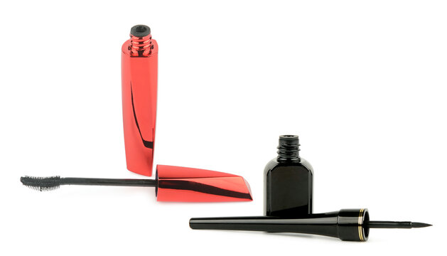 Open Black Liquid Eyeliner and Red Mascara Tubes Isolated on White Decorative Eye Makeup Products with Mascara Brush and Eyeliner Applicator