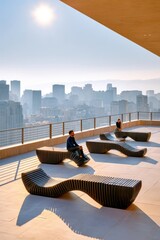 Fototapeta premium People relaxing on a modern rooftop terrace with city skyline views and dramatic sunlight