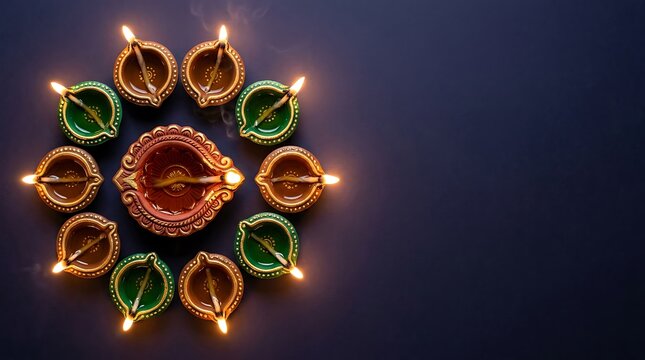 Arranging glowing clay diyas in a circular pattern on a dark background surface