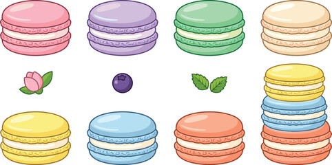 Colorful French Macaron Cookie Icon Set Featuring Pastry Stack, Rosebud, Blueberry, and Mint Leaf Vectors for Bakery, Cafe, and Sweet Dessert Designs © DEVARAJ