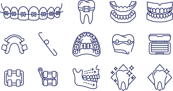 Orthodontic Braces and Dental Treatment Outline Icon Set with Teeth Alignment, Retainers, Brackets, Oral Care, and Dentistry Vector Collection