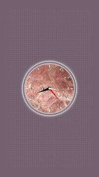 Earth clock face model showing desert map landscape on grid. Worldwide time symbol for international environment science schedule. Digital earth clock animation for time zone.