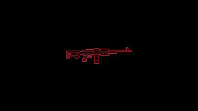 Neon glowing red assault rifle silhouette on dark background.