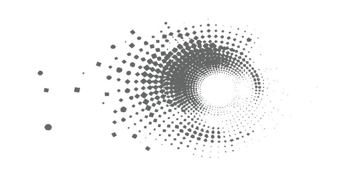 Abstract grey radial halftone dotted background with fading particles and circular geometric pattern vector illustration.
