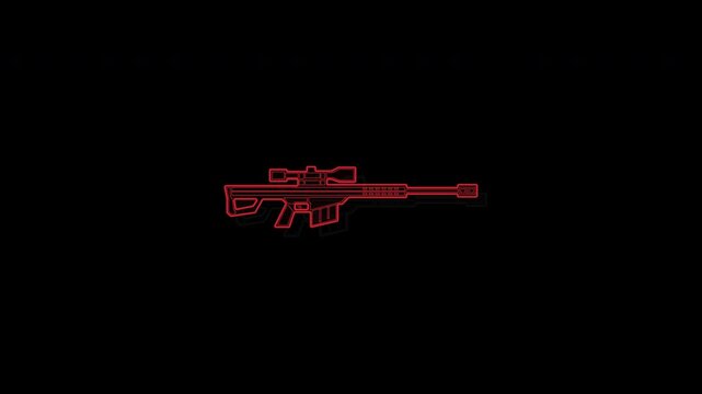 Neon glowing red sniper rifle outline animation on black background.