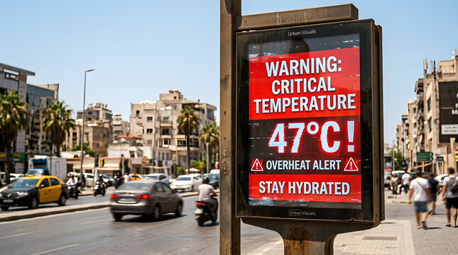 Urban Heatwave Warning Sign Displaying Extreme Temperature of 47C