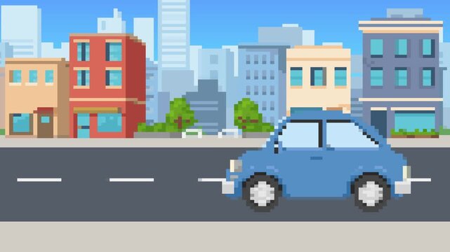ピクセルアート風の乗用車が街中を走る背景素材／A pixel art-style background featuring a passenger car driving through the city