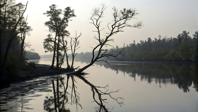 Black ink-like river flowing through bare winter trees with snow-covered banks black ink river flowing ink