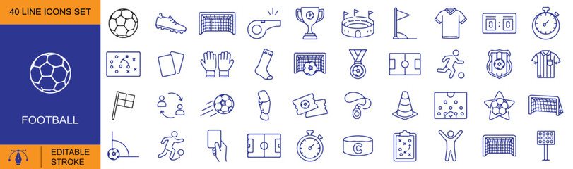 Football Line Icons Set – Soccer Equipment, Match, Stadium and Sports Outline Vector Collection © Hridoy Ray