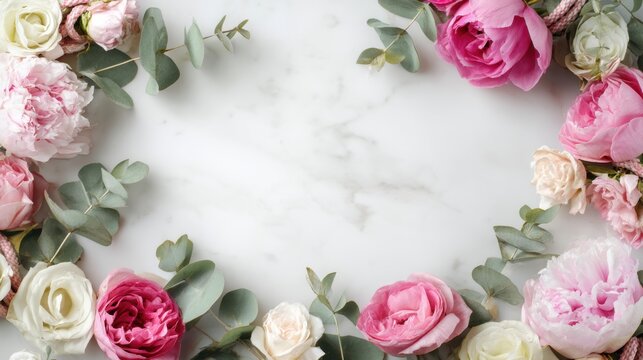 Elegant pink and white roses with eucalyptus leaves forming a beautiful frame on marble.