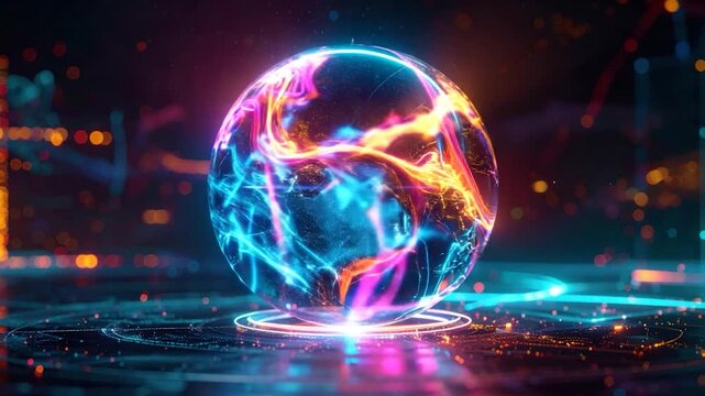Digital globe illuminated with vibrant neon lights, surrounded by a techy landscape