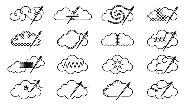 Cloud Stitching Icons Set: Needlework, Sewing, Creative Crafting, Embroidery, DIY, Handmade Art