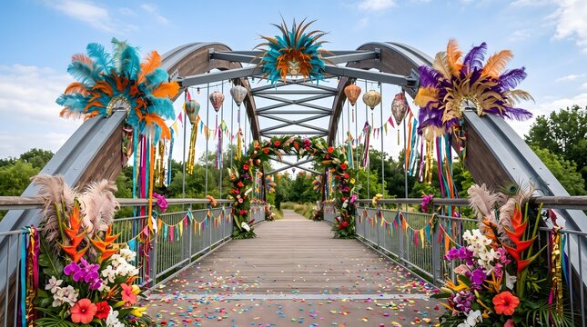 Festive bridge decorated with colorful flowers feathers and garlands for a vibrant celebration or event