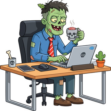 Cartoon zombie office worker drinking from skull mug on transparent background