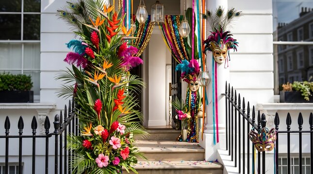 Festive carnival decorations with vibrant tropical flowers and masks adorn the entrance to a classic white building