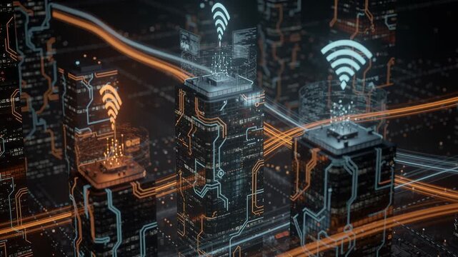 Futuristic city with smart buildings connected by wireless network and digital data streams at night