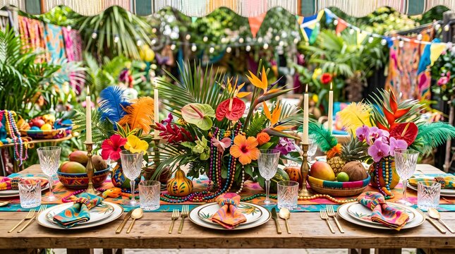 Festive tropical table setting with vibrant flowers fruits and colorful decorations for a lively celebration