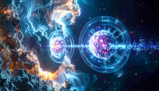 Abstract illustration of experiment for high-precision research into the quantum effect of neutrino transformation of neutrinos from one type to another in flight