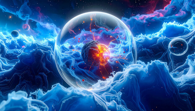 Abstract illustration of experiment for high-precision research into the quantum effect of neutrino transformation of neutrinos from one type to another in flight