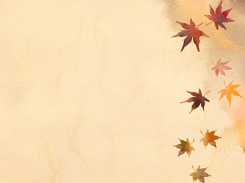 Deep Autumn Japanese Watercolor Maple Border Background with Warm Beige Washi Paper and Large Copy Space - Right Border