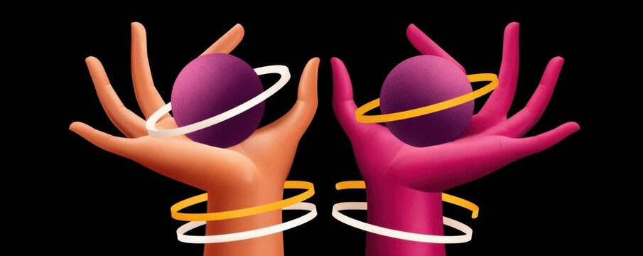 Vibrant graphic illustration of two disembodied hands holding ringed planets in a surreal composition