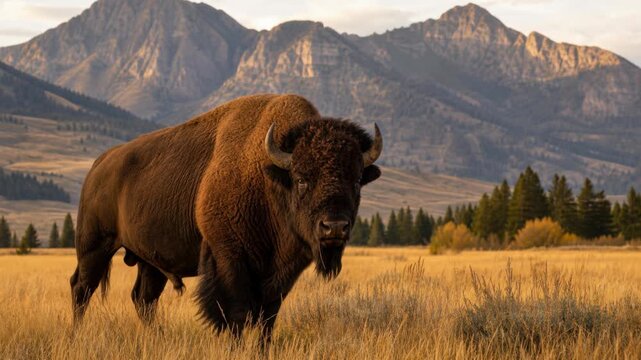 Majestic American bison standing in golden grassland with mountain backdrop under soft sunlight